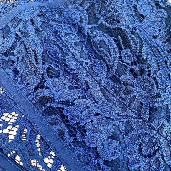 BCBGMAXAZRIA Hanah Navy Blue Lace Tiered Sleeveless Formal Cocktail Mini Dress - Picture 4 of 9